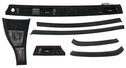 Complete set of BMW E90 Wooden trim pieces wrapped in black suede with red accent stitching.